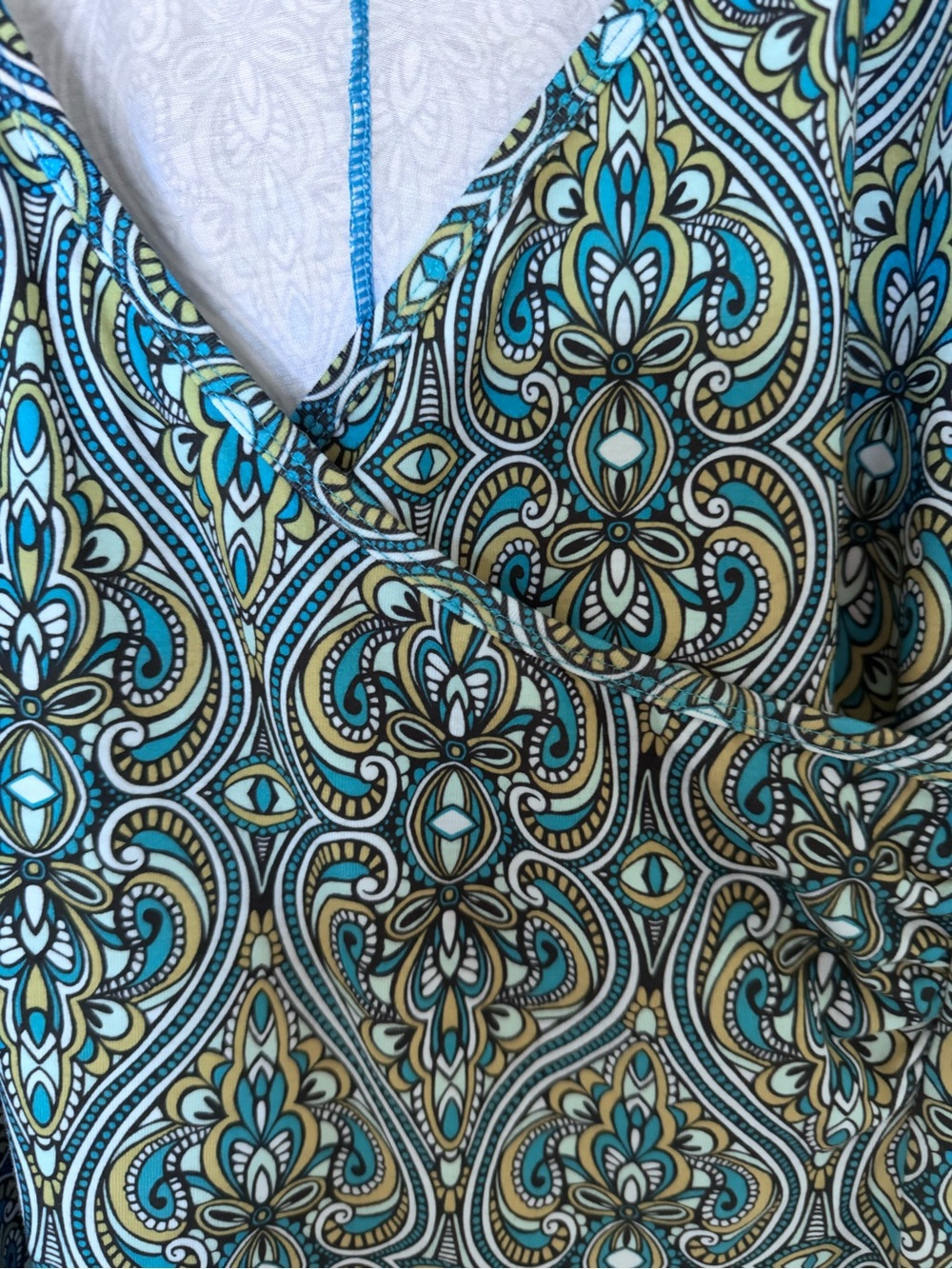 Prana Teal, Cream and Black Paisley-Print V-Neck mock wrap dress